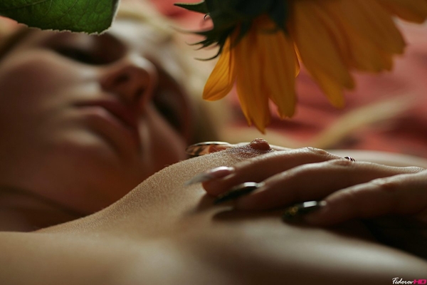 girl posing with sunflower; Blonde Small Tits Erotic 